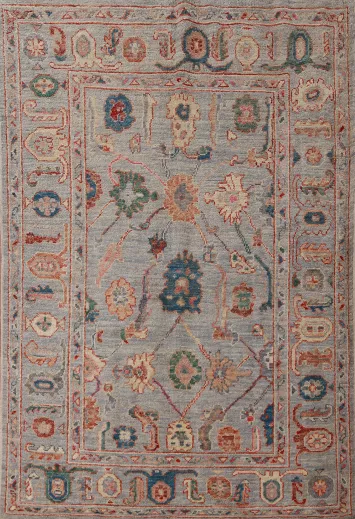 All-Over Floral Blue Oushak Vegetable Dye Rug 5x7