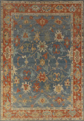 Handmade Blue Floral Oushak Vegetable Dye Area Rug 8x11