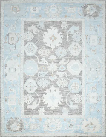 Vegetable Dye Brown and Blue Oushak Turkish Area Rug 9x12
