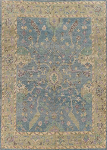 Handmade Blue Floral Oushak Vegetable Dye Area Rug 9x12