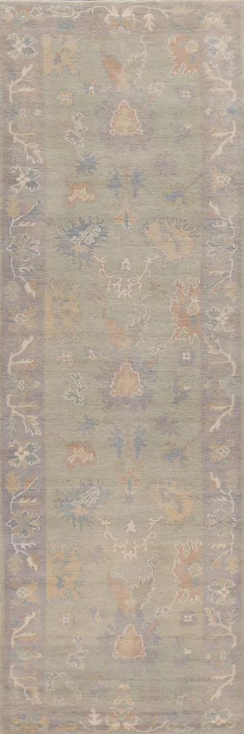 Vegetable Dye Green Oushak Turkish Runner Rug 3x12