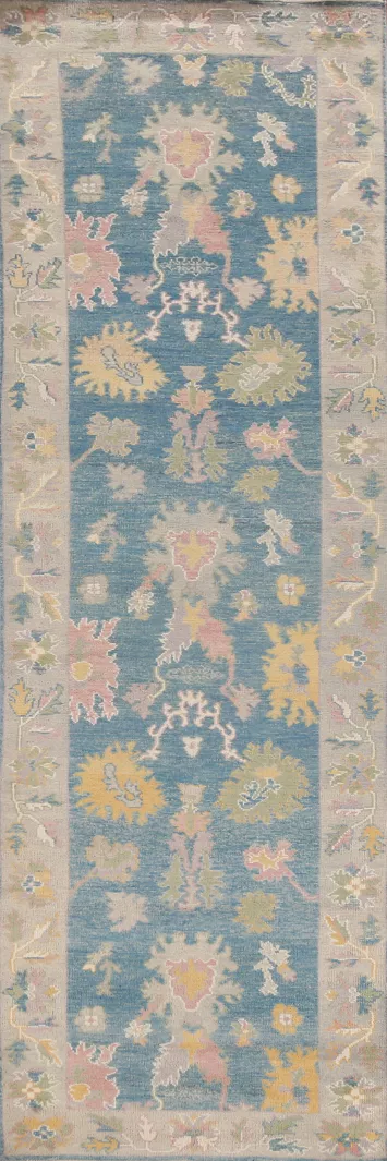 Vegetable Dye Blue Oushak Turkish Runner Rug 3x12