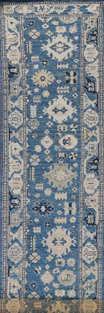 Blue Geometric Oushak Vegetable Dye Runner Rug 3x17