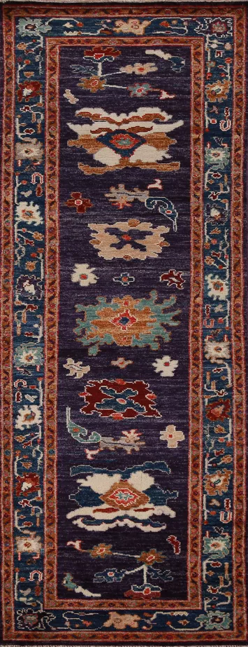 Floral Purple Oushak Vegetable Dye Runner Rug 3x10