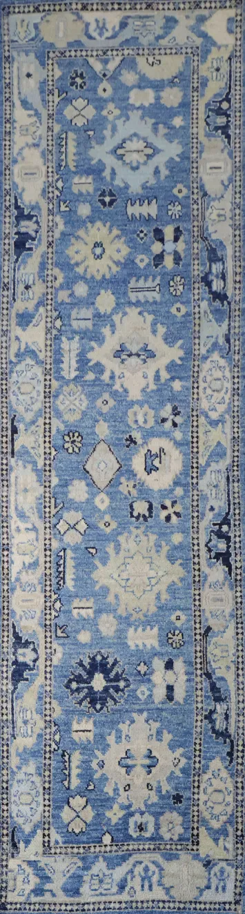 Traditional Azure and Cream Oushak Turkish Runner Rug for Hallways 3x10 ft