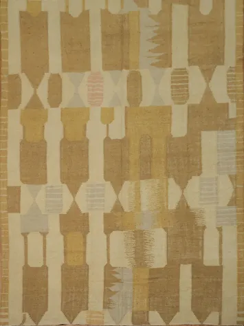 Abstract beige and gold Handwoven Kilim Rug with geometric shapes and warm tones 10x14
