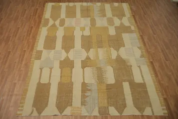 Abstract beige and gold Handwoven Kilim Rug with geometric shapes and warm tones 10x14