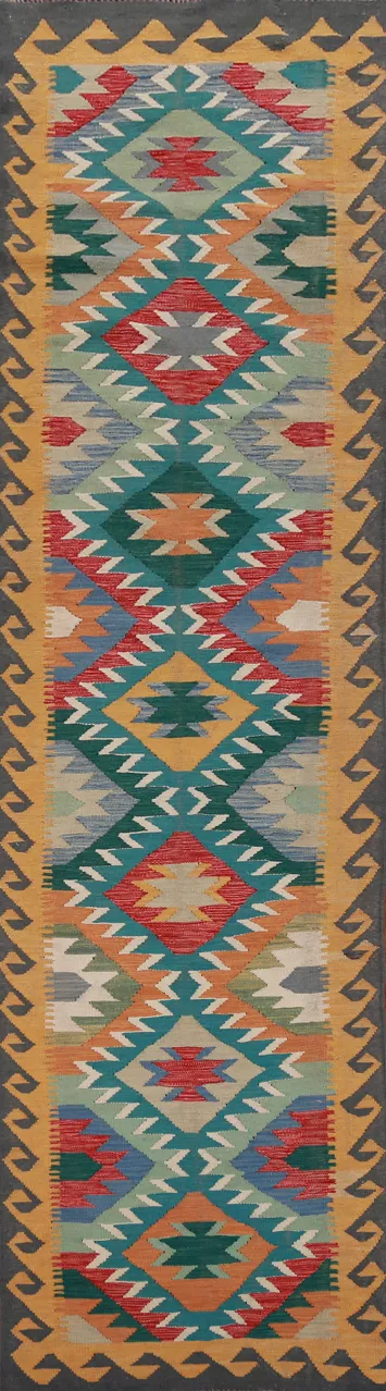 Geometric Wool Kilim Oriental Runner Rug 3x13