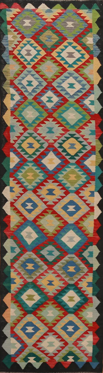 Geometric Wool Kilim Oriental Runner Rug 3x13