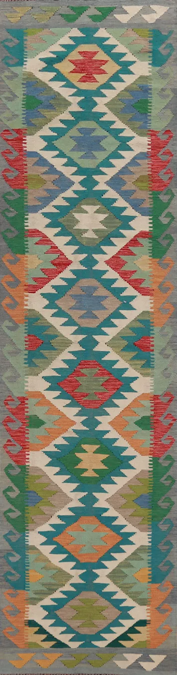 Geometric Wool Kilim Oriental Runner Rug 3x13