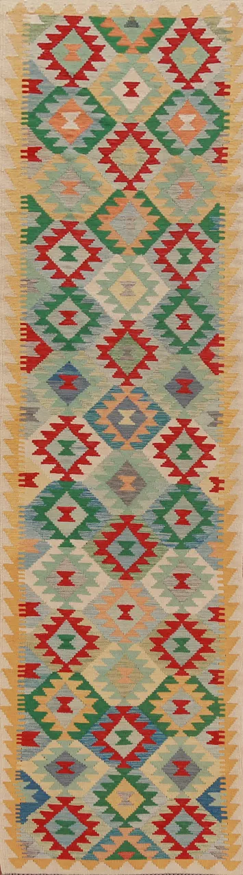 Geometric Wool Kilim Oriental Runner Rug 3x13