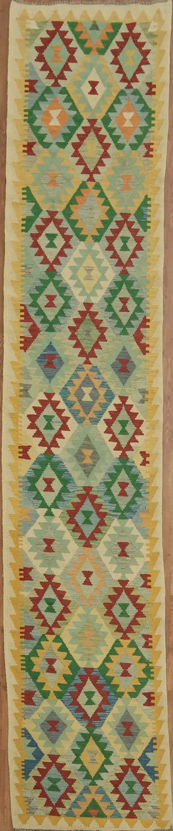 Vibrant Green and Red Tones in Southwestern Kilim Rug 3x13