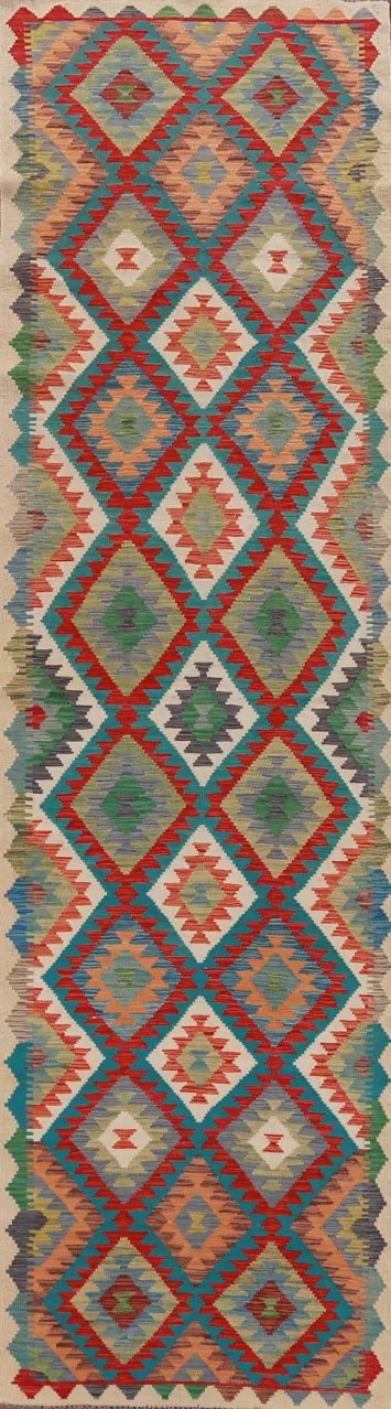 Geometric Wool Kilim Oriental Runner Rug 3x13