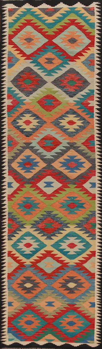 Geometric Wool Kilim Oriental Runner Rug 3x13