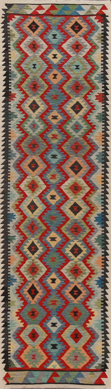 Geometric Wool Kilim Oriental Runner Rug 3x13
