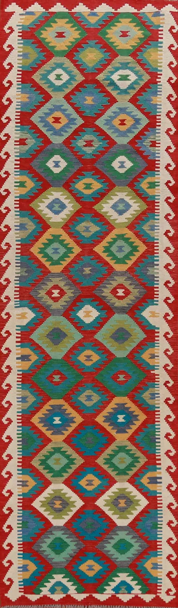 Geometric Wool Kilim Oriental Runner Rug 3x13