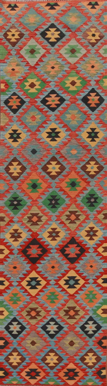 Geometric Wool Kilim Oriental Runner Rug 3x13