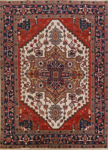 Ivory Wool Medallion Heriz Serapi Indian Area Rug 9x12