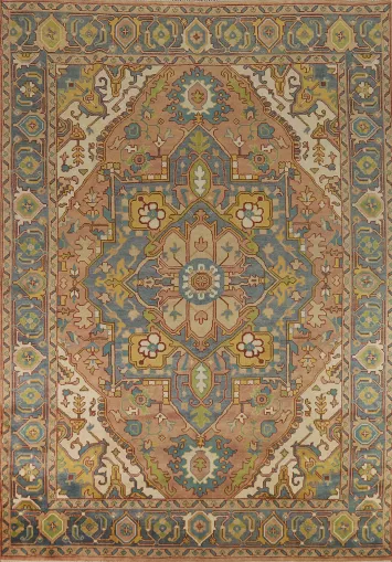 Pastel Orange Blue Wool Heriz Serapi Indian Area Rug 9x12