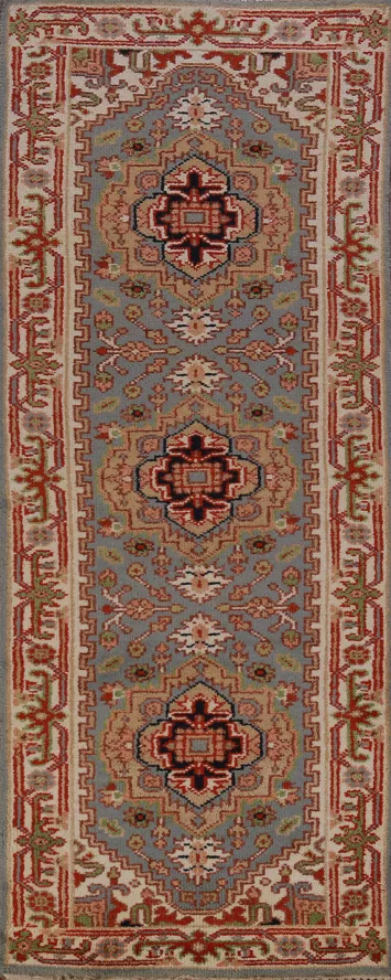 Light Blue Wool Heriz Serapi Oriental Runner Rug 3x8