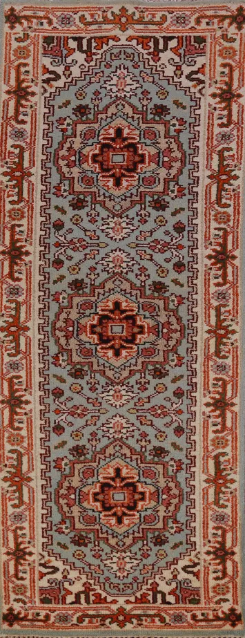 Light Blue Geometric Heriz Serapi Indian Runner Rug 3x8