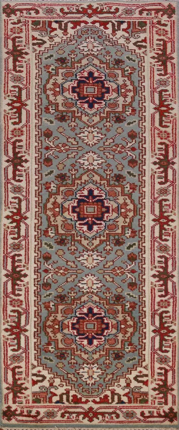 Light Blue Geometric Heriz Serapi Oriental Runner Rug 3x8