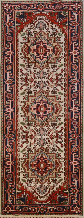 Ivory Wool Heriz Serapi Oriental Runner Rug 3x8