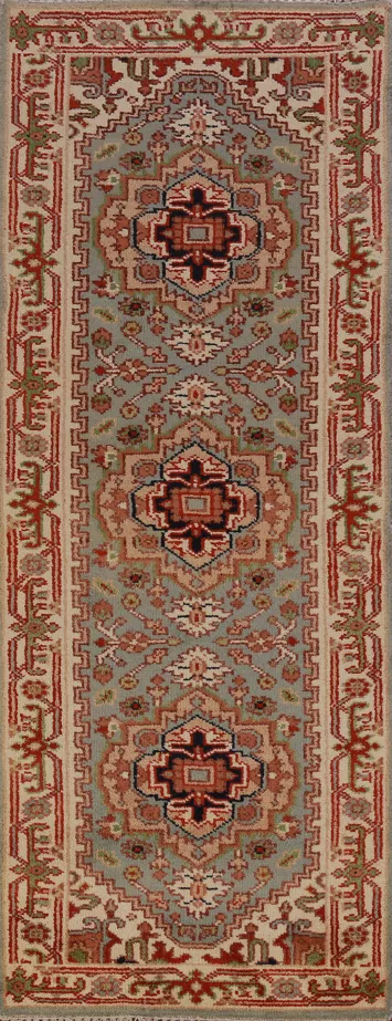 Aqua Green Geometric Heriz Serapi Indian Runner Rug 3x8