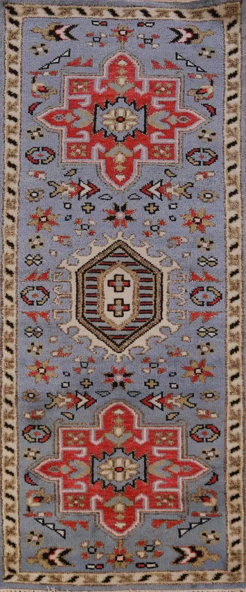 Blue Geometric Heriz Serapi Oriental Runner Rug 3x7