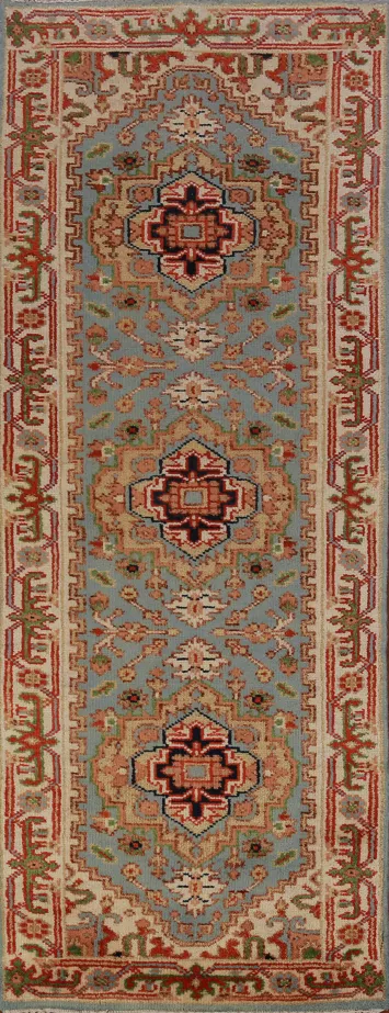 Light Blue Handmade Heriz Serapi Indian Runner Rug 3x8