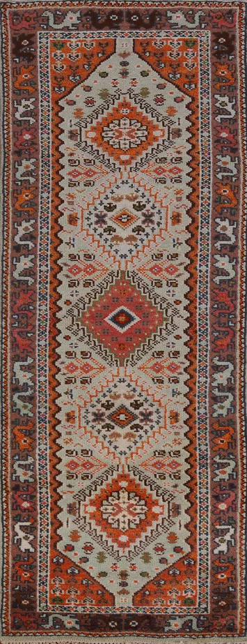 Aqua Wool Geometric Heriz Serapi Indian Runner Rug 3x8