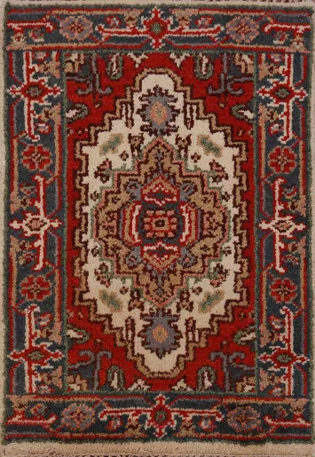 Ivory Wool Geometric Heriz Serapi Indian Rug 2x3