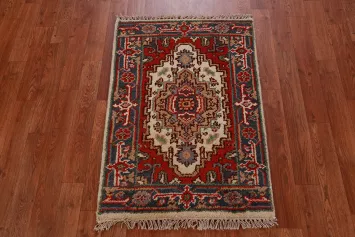 Ivory Wool Geometric Heriz Serapi Indian Rug 2x3
