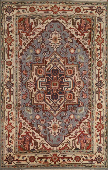 Light Blue Geometric Heriz Serapi Indian Rug 4x6