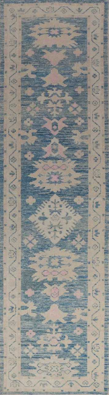 Floral Blue Handmade Oushak Vegetable Dye Runner Rug 3x14