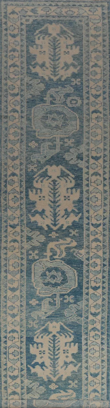 Vegetable Dye Blue Oushak Turkish Runner Rug 3x19