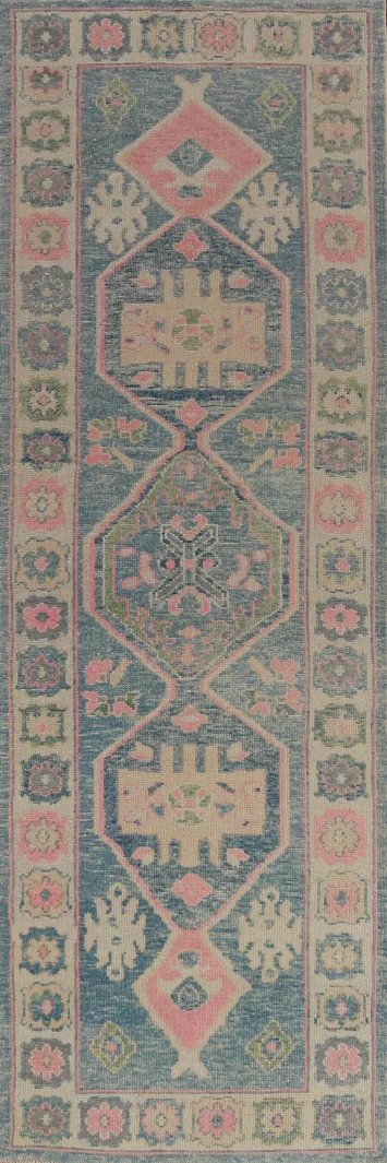 Geometric Blue Oushak Vegetable Dye Runner Rug 3x12