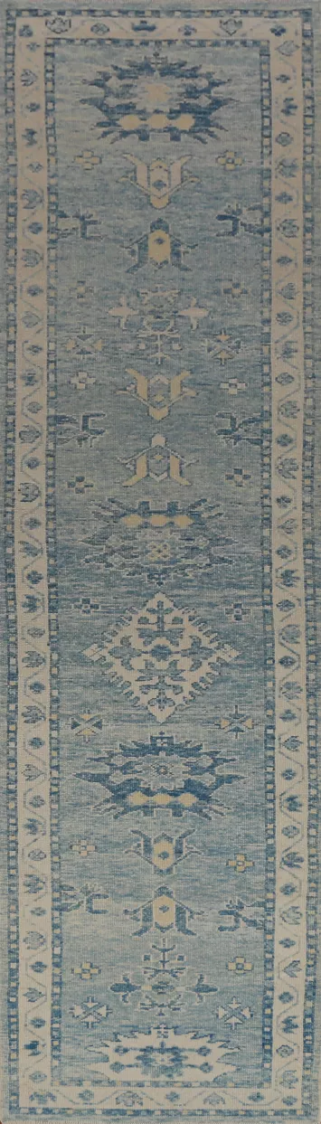 Handmade Blue Oushak Vegetable Dye Runner Rug 3x14