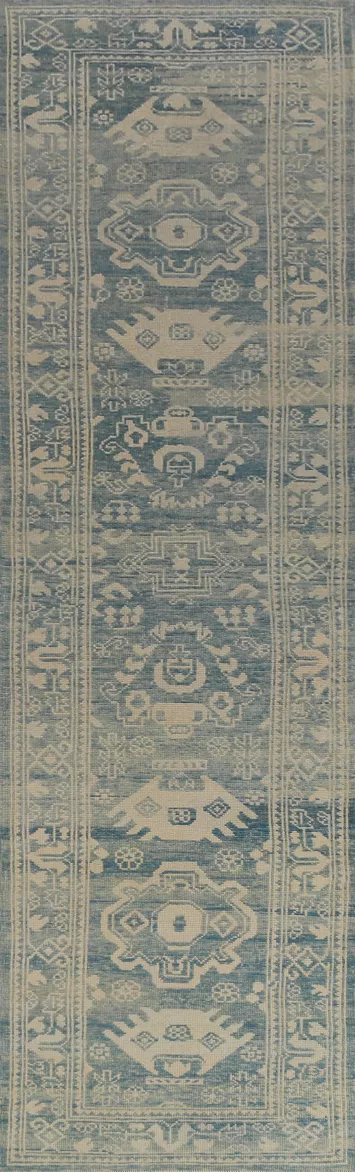 Blue Geometric Oushak Vegetable Dye Runner Rug 3x14
