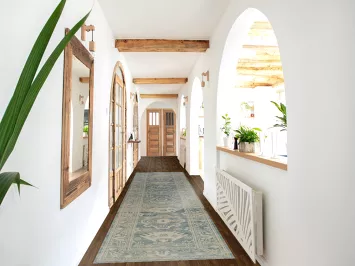 Blue Geometric Oushak Vegetable Dye Runner Rug 3x14