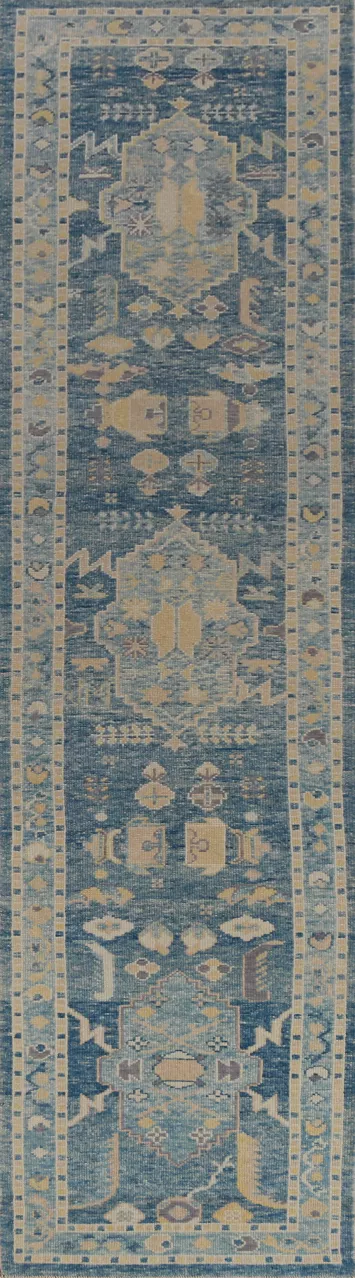 Vegetable Dye Blue Oushak Turkish Runner Rug 3x14