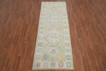 Handmade Green Oushak Vegetable Dye Runner Rug 3x8