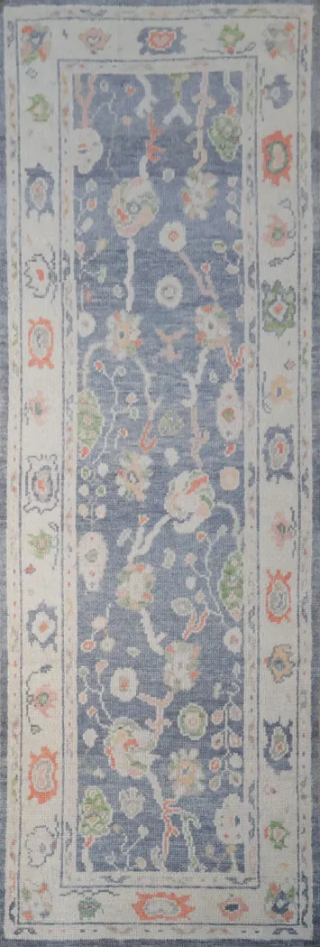 Vegetable Dye Blue and Coral Oushak Turkish Runner Rug 3x9 ft