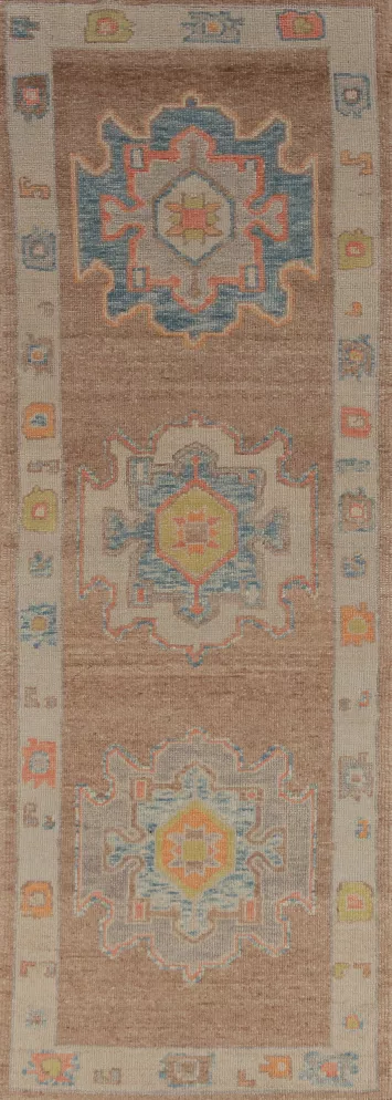 Vegetable Dye Brown Oushak Turkish Runner Rug 3x10