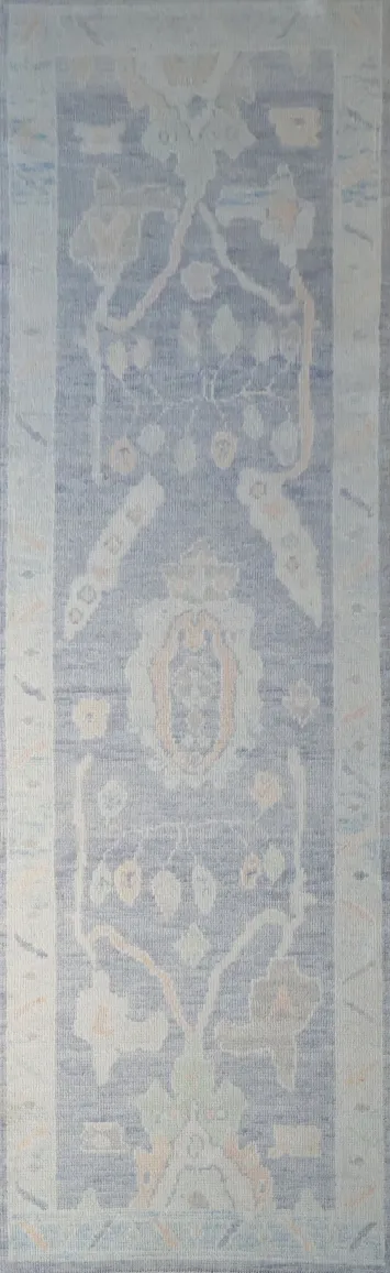 Pale Blue Vegetable Dye Oushak Turkish Runner Rug 3x10 ft