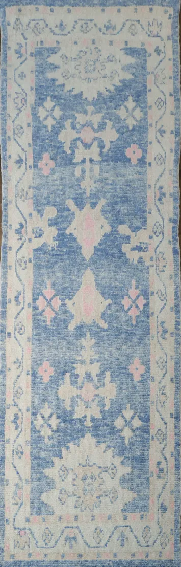 Blue and Pink Oushak Turkish Runner Rug Vegetable Dye Colors 3x10 ft