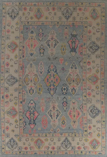 Geometric Blue Oushak Vegetable Dye Area Rug 9x13