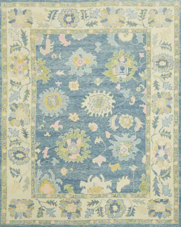 9x12 Vegetable Dye Blue and Green Oushak Turkish Rug for a Touch of Vintage Charm