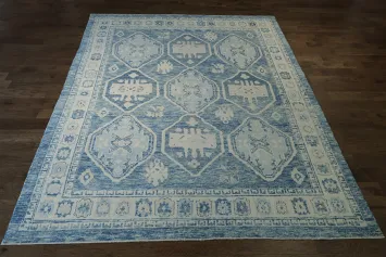 Elegant Blue and White Oushak Turkish Vegetable Dye Rug 10x13 ft