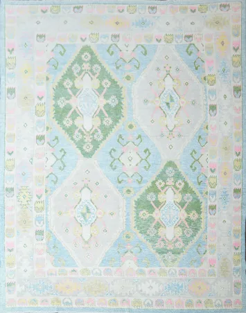 Charming Pastel Toned Blue and Green Oushak Turkish Rug 8x11 ft